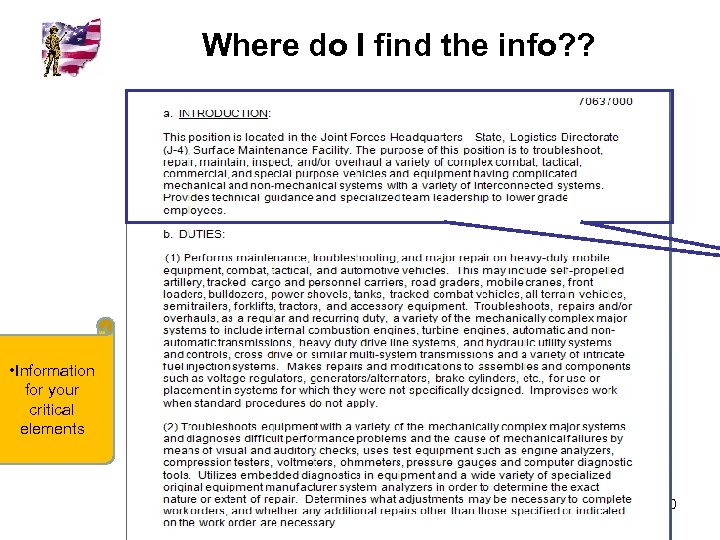 Where do I find the info? ? • Information for your critical elements 50