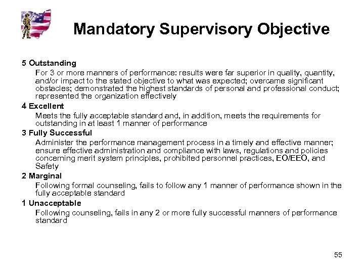 Mandatory Supervisory Objective 5 Outstanding For 3 or more manners of performance: results were