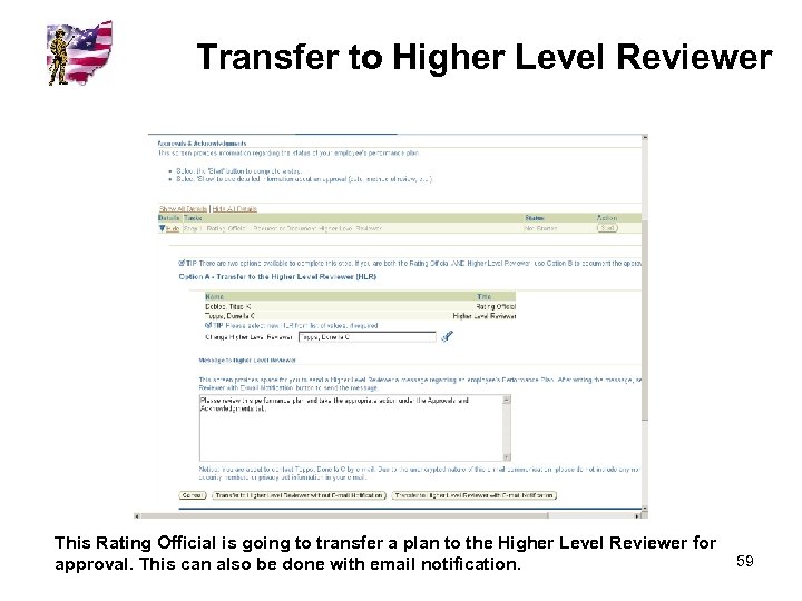 Transfer to Higher Level Reviewer This Rating Official is going to transfer a plan
