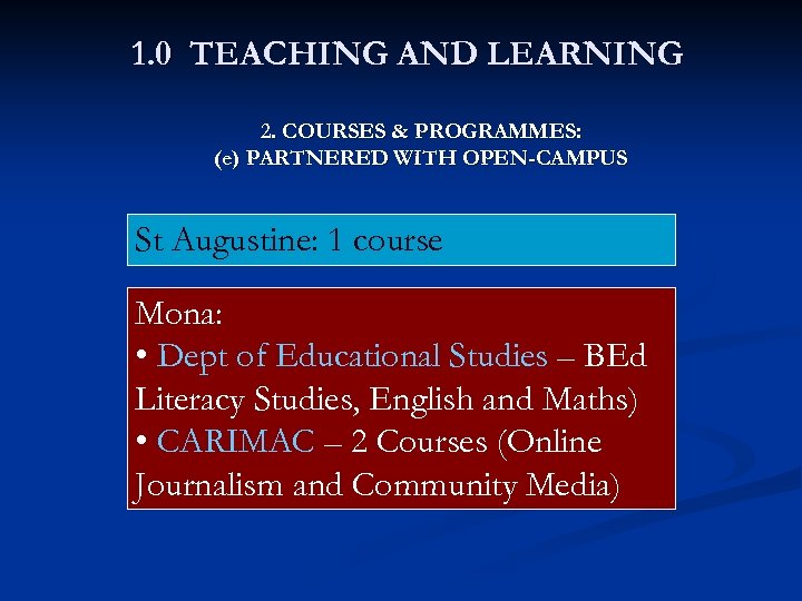 1. 0 TEACHING AND LEARNING 2. COURSES & PROGRAMMES: (e) PARTNERED WITH OPEN-CAMPUS St