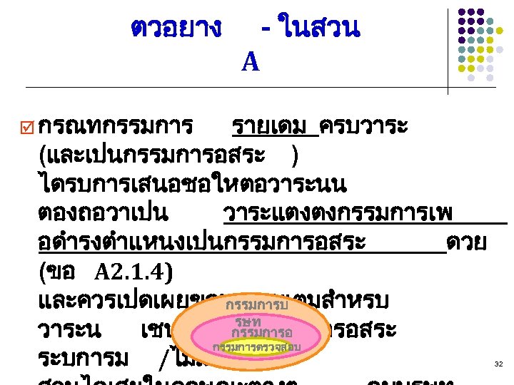 ตวอยาง A - ในสวน þ กรณทกรรมการ รายเดม ครบวาระ (และเปนกรรมการอสระ ) ไดรบการเสนอชอใหตอวาระนน ตองถอวาเปน วาระแตงตงกรรมการเพ อดำรงตำแหนงเปนกรรมการอสระ