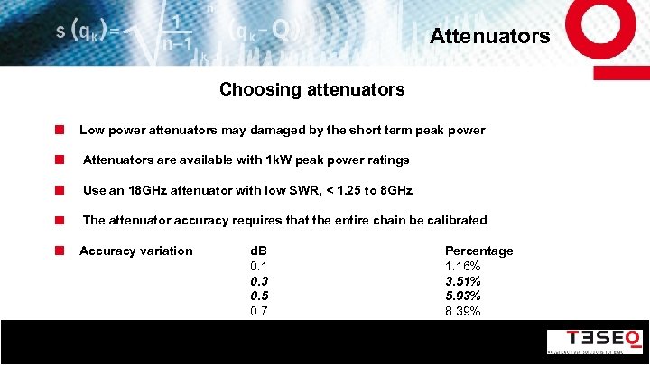 Attenuators Choosing attenuators Low power attenuators may damaged by the short term peak power