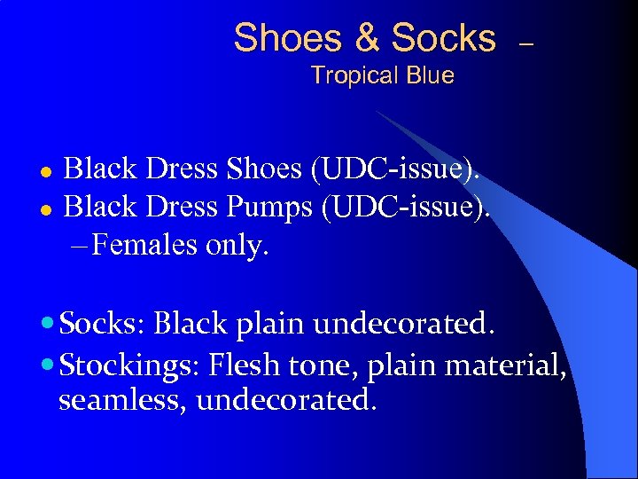 Shoes & Socks – Tropical Blue l l Black Dress Shoes (UDC issue). Black