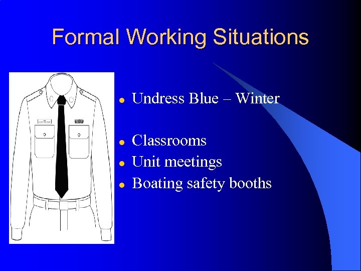 Formal Working Situations l l Undress Blue – Winter Classrooms Unit meetings Boating safety