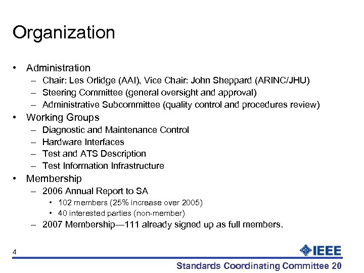 Organization • Administration – Chair: Les Orlidge (AAI), Vice Chair: John Sheppard (ARINC/JHU) –