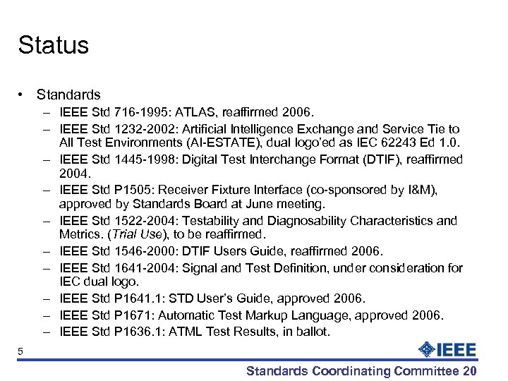 Status • Standards – IEEE Std 716 -1995: ATLAS, reaffirmed 2006. – IEEE Std