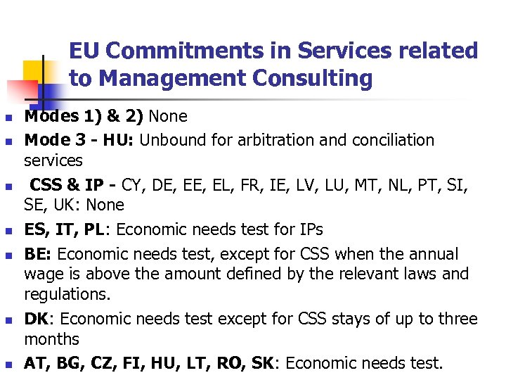 EU Commitments in Services related to Management Consulting n n n n Modes 1)