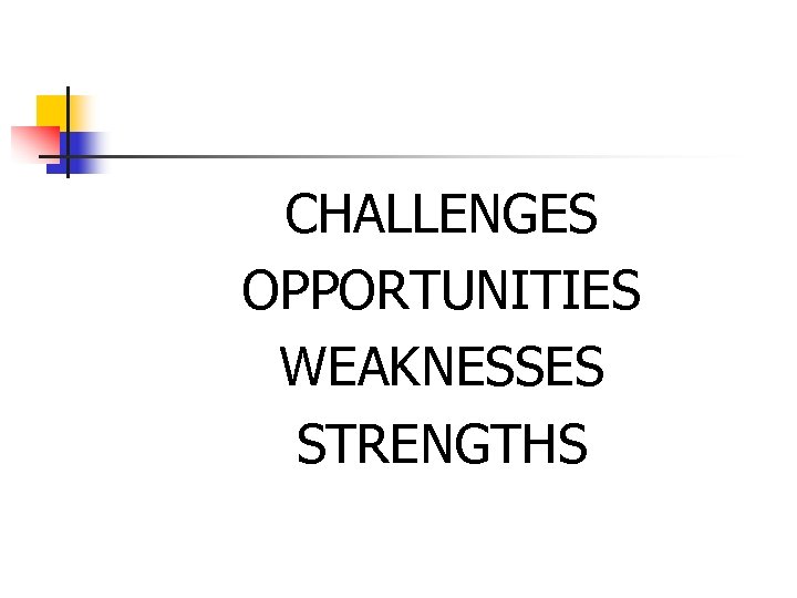 CHALLENGES OPPORTUNITIES WEAKNESSES STRENGTHS 