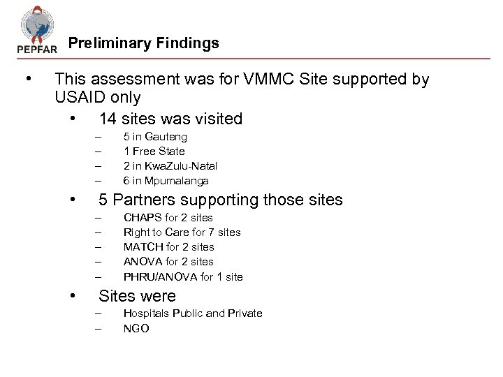 Preliminary Findings • This assessment was for VMMC Site supported by USAID only •