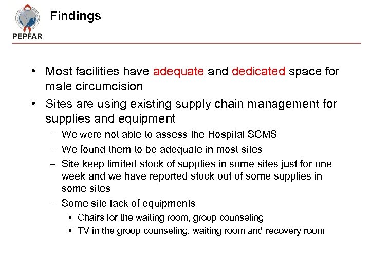 Findings • Most facilities have adequate and dedicated space for male circumcision • Sites