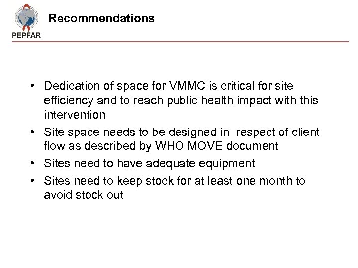 Recommendations • Dedication of space for VMMC is critical for site efficiency and to