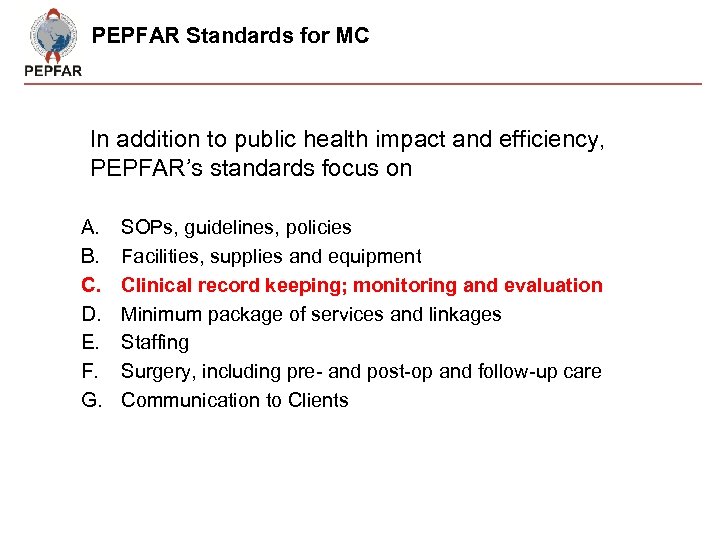 PEPFAR Standards for MC In addition to public health impact and efficiency, PEPFAR’s standards