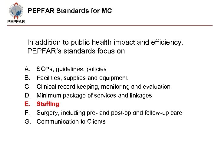 PEPFAR Standards for MC In addition to public health impact and efficiency, PEPFAR’s standards