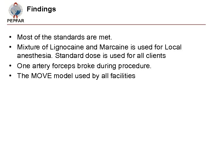 Findings • Most of the standards are met. • Mixture of Lignocaine and Marcaine