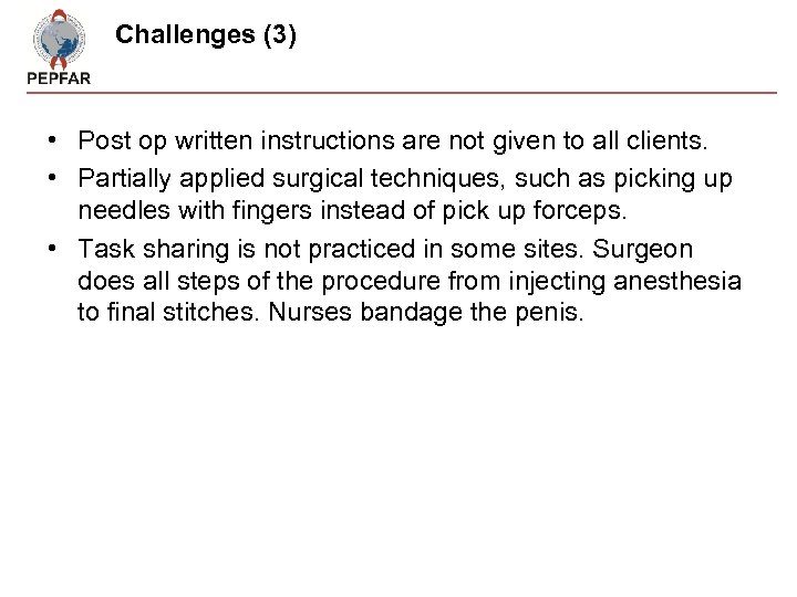 Challenges (3) • Post op written instructions are not given to all clients. •