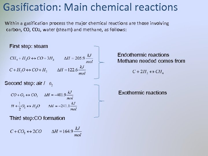  Gasification: Main chemical reactions Within a gasification process the major chemical reactions are