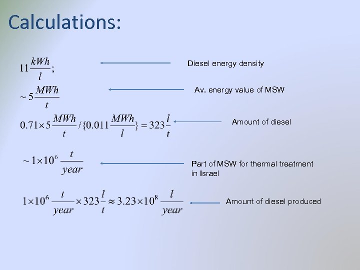 Calculations: Diesel energy density Av. energy value of MSW Amount of diesel Part of