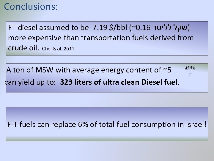 Conclusions: FT diesel assumed to be 7. 19 $/bbl (~0. 16 )שקל לליטר more