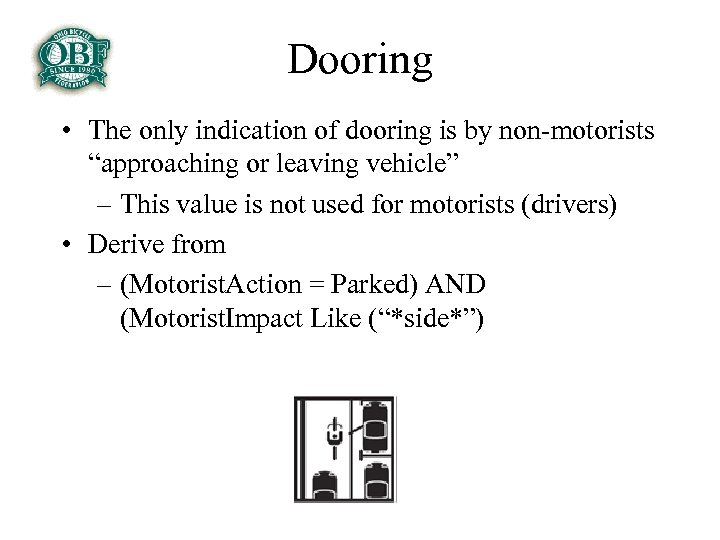 Dooring • The only indication of dooring is by non-motorists “approaching or leaving vehicle”