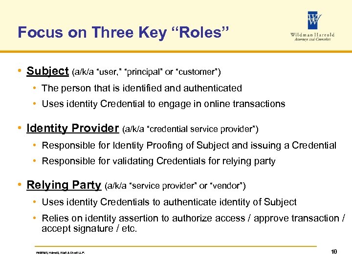 Focus on Three Key “Roles” • Subject (a/k/a “user, ” “principal” or “customer”) •