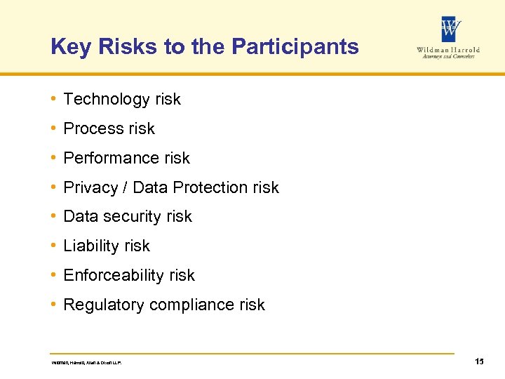 Key Risks to the Participants • Technology risk • Process risk • Performance risk