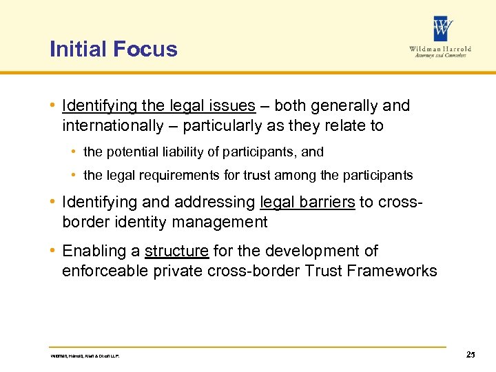 Initial Focus • Identifying the legal issues – both generally and internationally – particularly