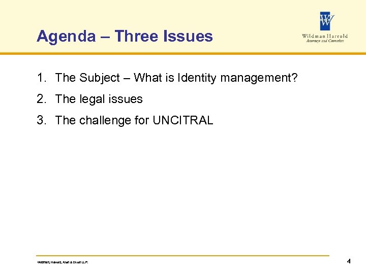 Agenda – Three Issues 1. The Subject – What is Identity management? 2. The