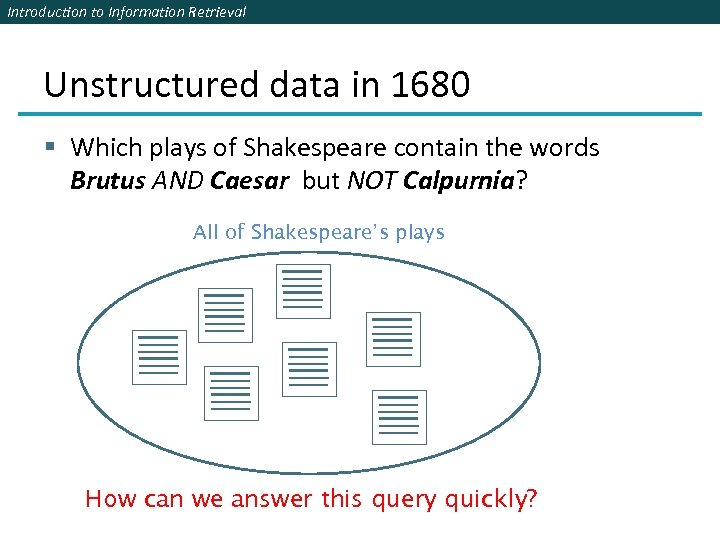 Introduction to Information Retrieval Unstructured data in 1680 § Which plays of Shakespeare contain