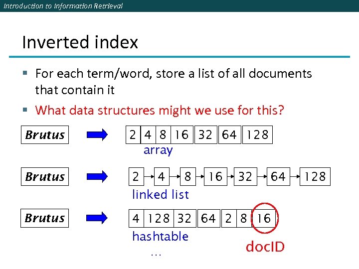 Introduction to Information Retrieval Inverted index § For each term/word, store a list of