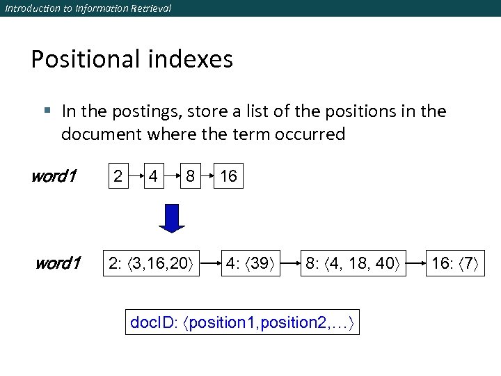 Introduction to Information Retrieval Positional indexes § In the postings, store a list of