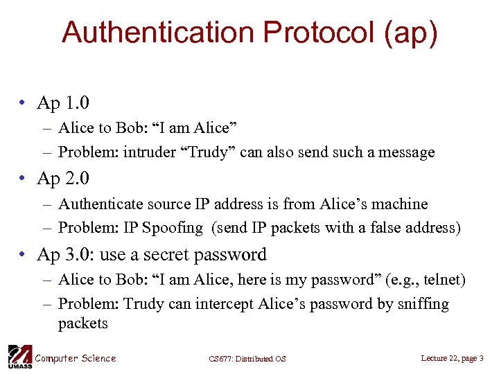 Authentication Protocol (ap) • Ap 1. 0 – Alice to Bob: “I am Alice”