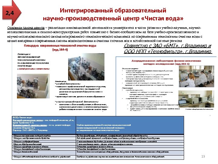 2, 4 Интегрированный образовательный научно-производственный центр «Чистая вода» Основная задача центра – реализация инновационной