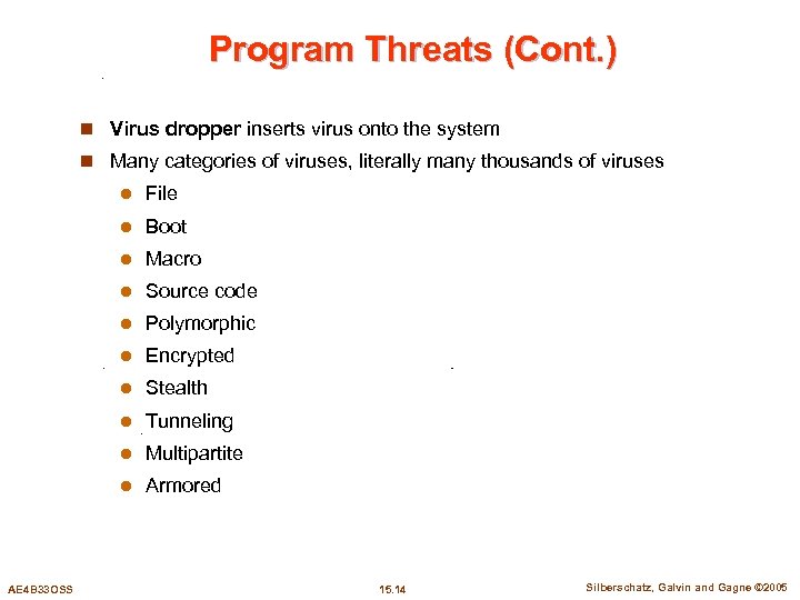 Program Threats (Cont. ) n Virus dropper inserts virus onto the system n Many