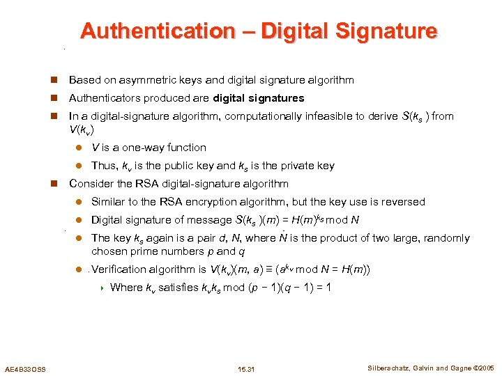 Authentication – Digital Signature n Based on asymmetric keys and digital signature algorithm n