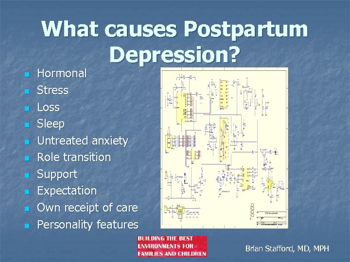 What causes Postpartum Depression? n n n n n Hormonal Stress Loss Sleep Untreated