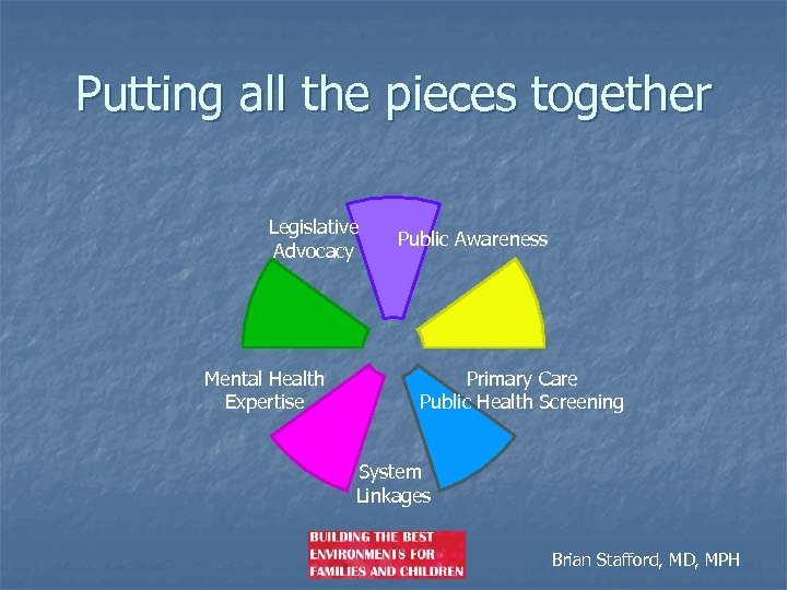 Putting all the pieces together Legislative Advocacy Mental Health Expertise Public Awareness Primary Care