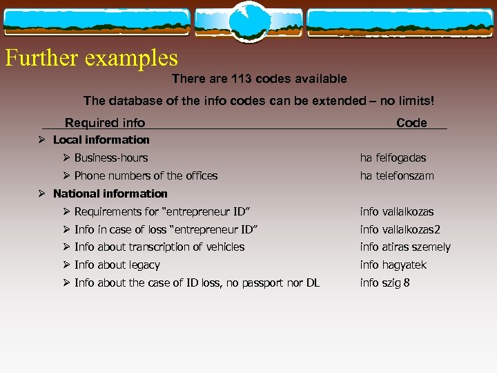 Further examples There are 113 codes available The database of the info codes can