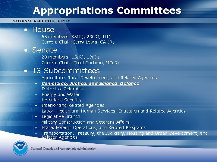 Appropriations Committees • House – 65 members: 35(R), 29(D), 1(I) – Current Chair: Jerry