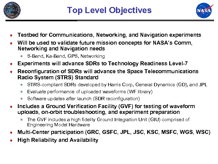 Top Level Objectives ¨ Testbed for Communications, Networking, and Navigation experiments ¨ Will be