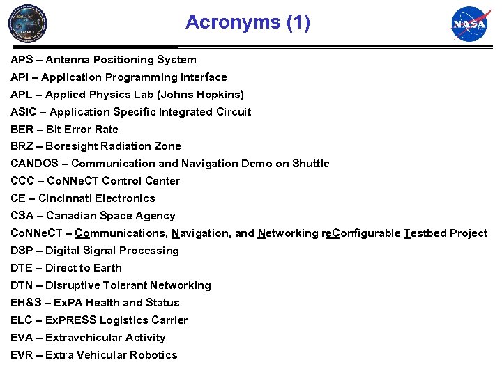 Acronyms (1) APS – Antenna Positioning System API – Application Programming Interface APL –