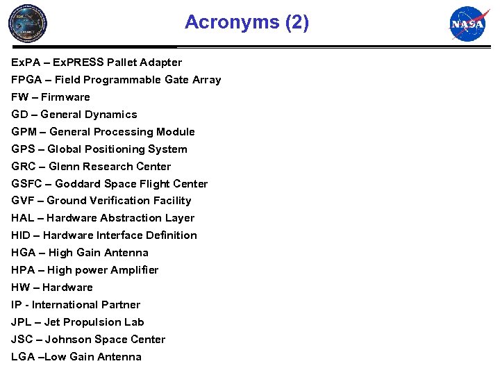 Acronyms (2) Ex. PA – Ex. PRESS Pallet Adapter FPGA – Field Programmable Gate