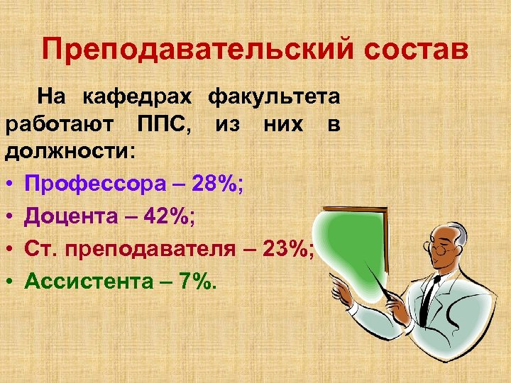 Преподавательский состав На кафедрах факультета работают ППС, из них в должности: • Профессора –