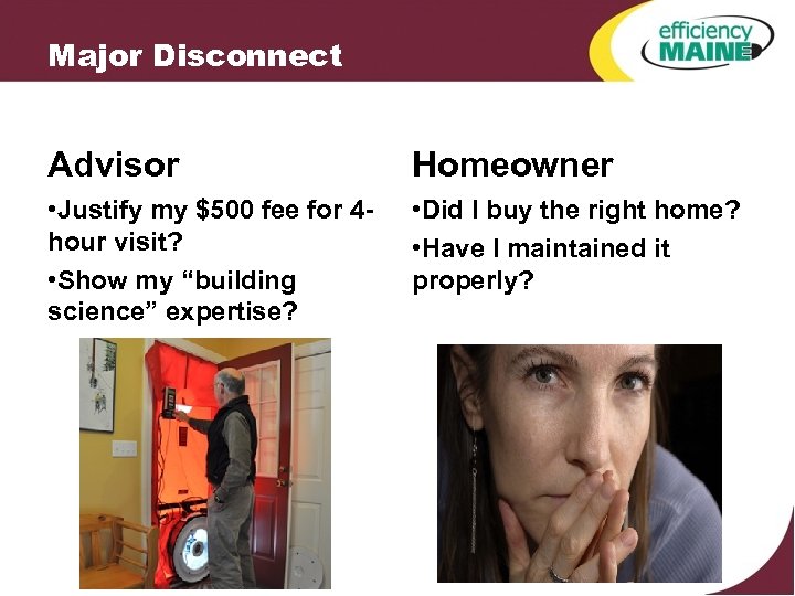 Major Disconnect Advisor Homeowner • Justify my $500 fee for 4 hour visit? •