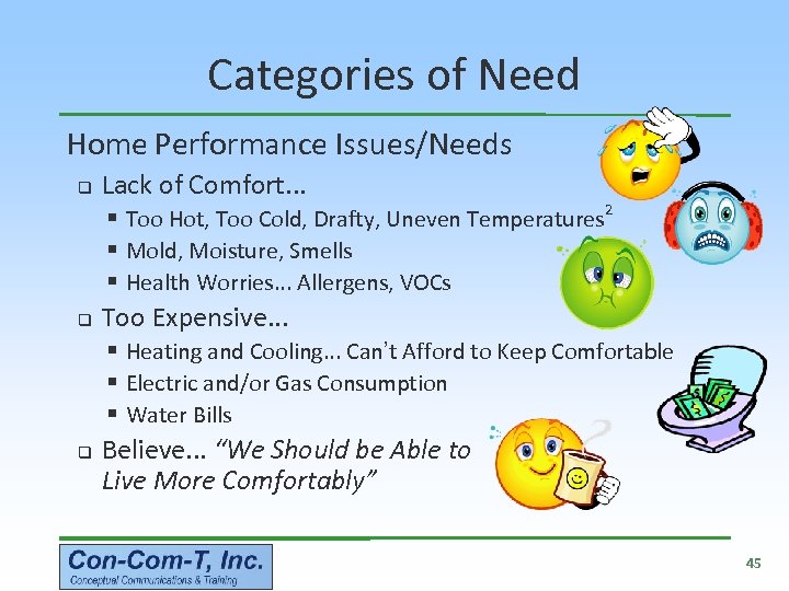 Categories of Need Home Performance Issues/Needs q Lack of Comfort. . . § Too