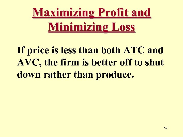 Maximizing Profit and Minimizing Loss If price is less than both ATC and AVC,