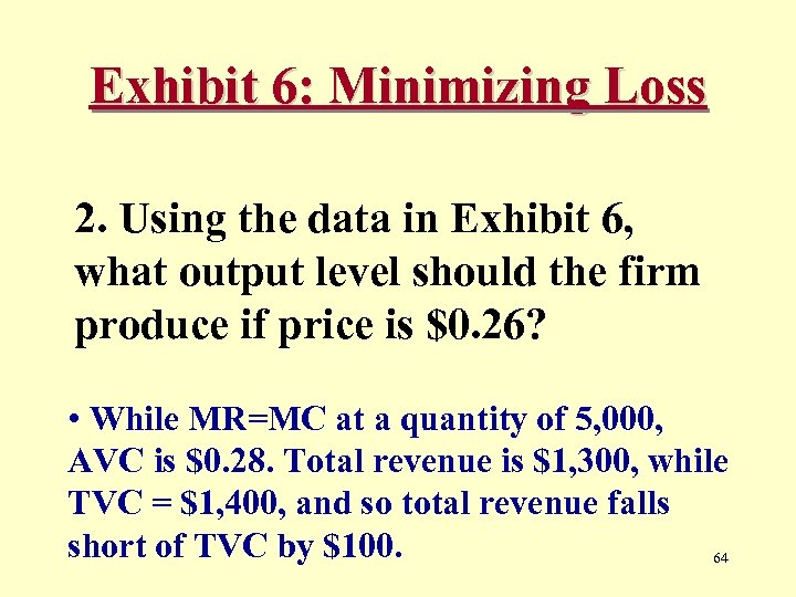 Exhibit 6: Minimizing Loss 2. Using the data in Exhibit 6, what output level
