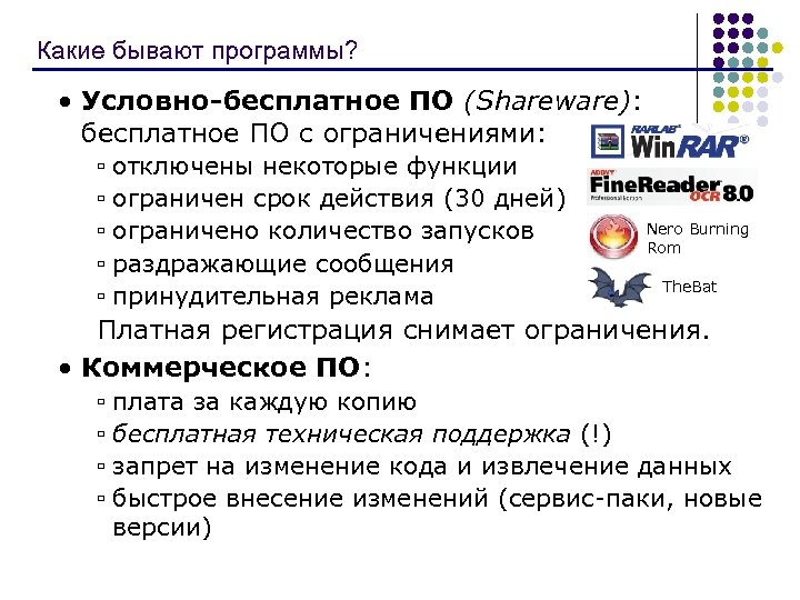 Какие бывают программы? • Условно-бесплатное ПО (Shareware): бесплатное ПО с ограничениями: ▫ отключены некоторые