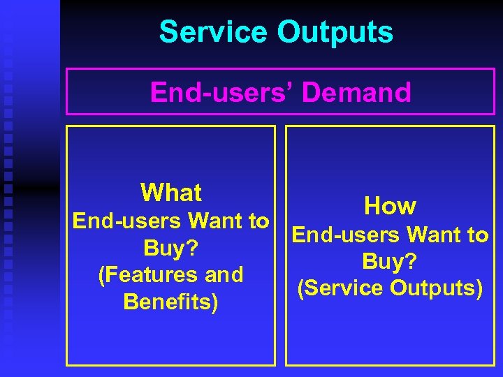 Service Outputs End-users’ Demand What How End-users Want to Buy? (Features and (Service Outputs)
