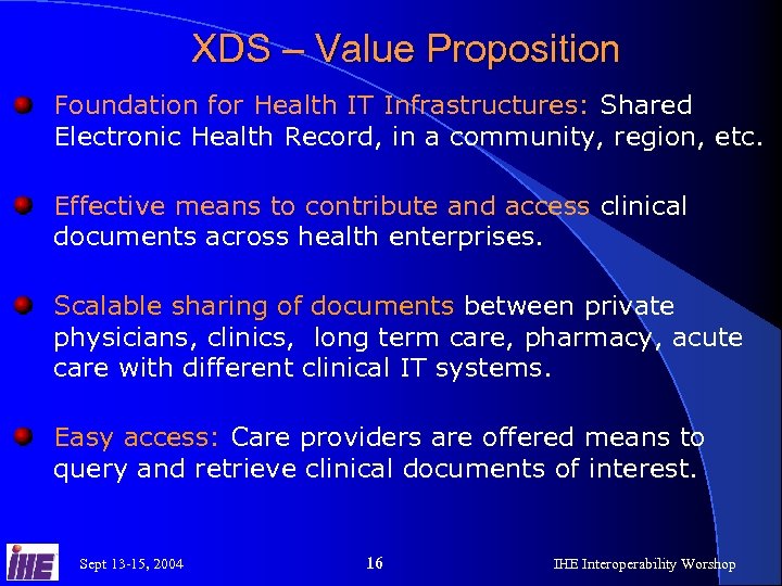 XDS – Value Proposition Foundation for Health IT Infrastructures: Shared Electronic Health Record, in