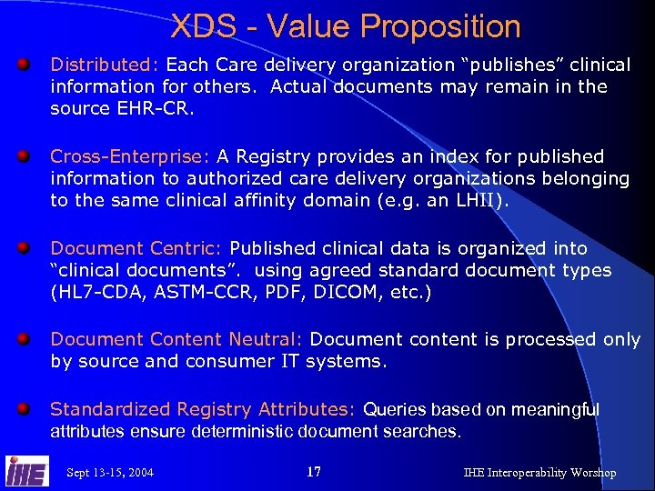 XDS - Value Proposition Distributed: Each Care delivery organization “publishes” clinical information for others.